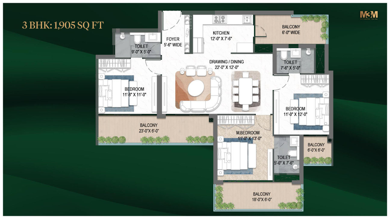 3 BHK 1905 sq ft floor plan