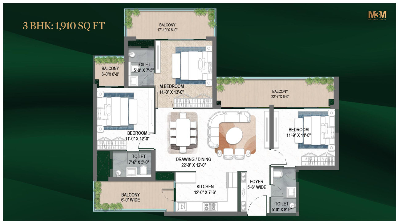 3 BHK 1910 sq ft floor plan