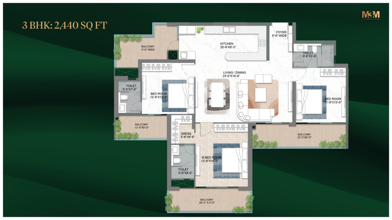 3 BHK 2440 sq ft floor plan