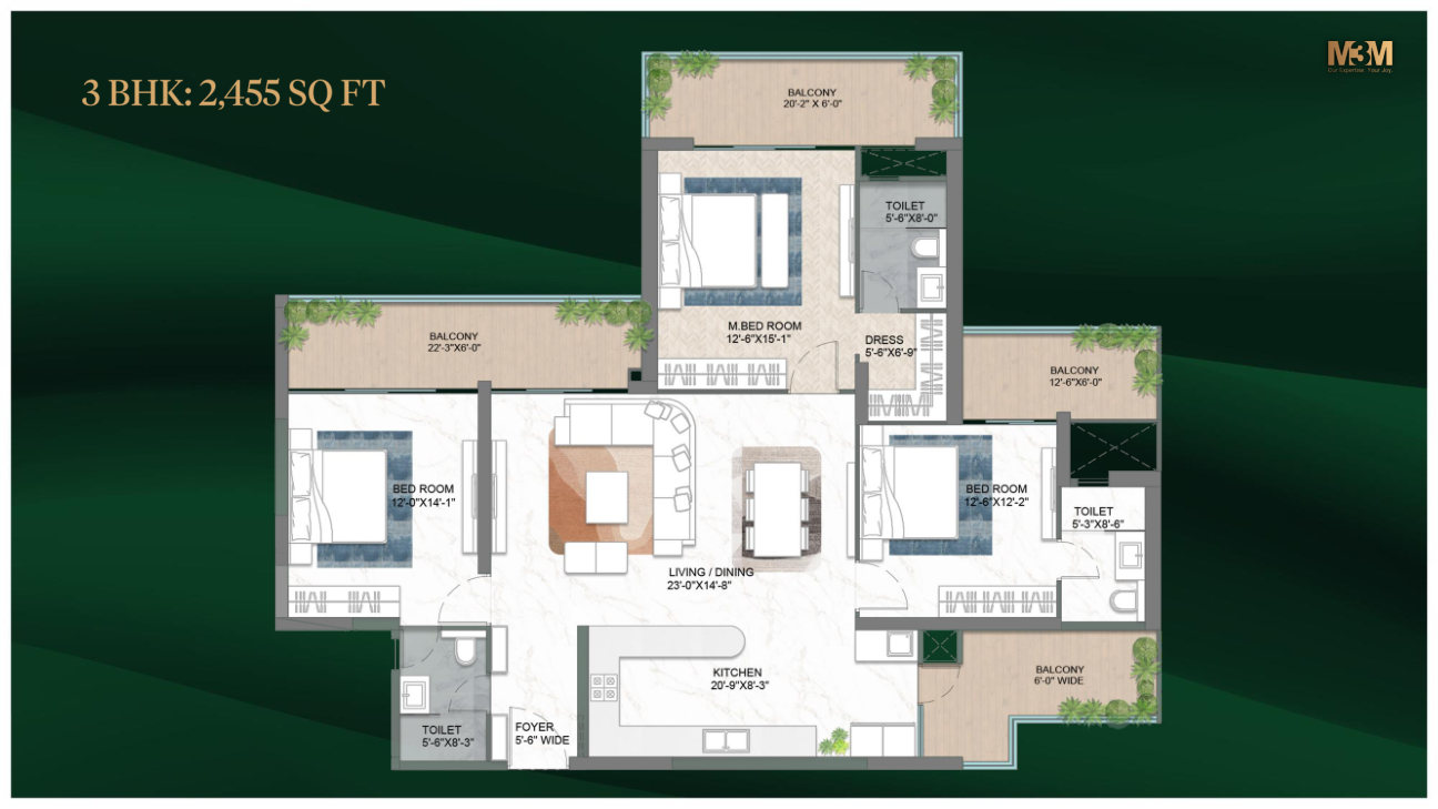 3 BHK 2455 sq ft floor plan