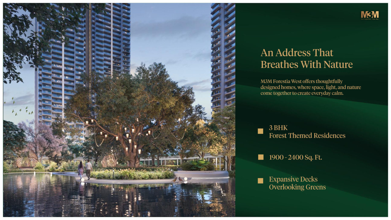 M3M Forestia West residences and landscaped water feature